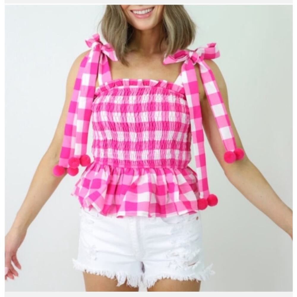 TCEC Gingham Smocked Peplum Top Size Small Pink Tie Shoulder Pom Pom Preppy Chic